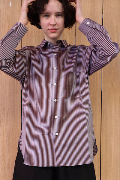 HANDMADE CLASSIC COLLAR SHIRT, BROWN W/ WHITE STRIPES